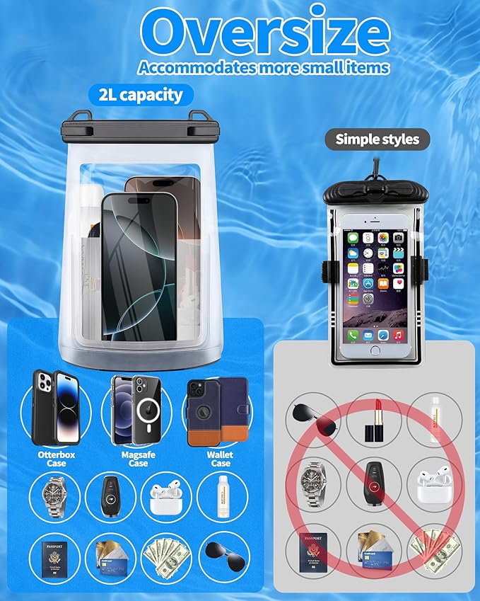 Large Waterproof Phone Pouch - [Oversized] [Floating] Waterproof Pouch for iPhone Galaxy Google and More, IPX8 Waterproof Dry Bag for Beach Vacation Belongings Black-StrideForce Fitness