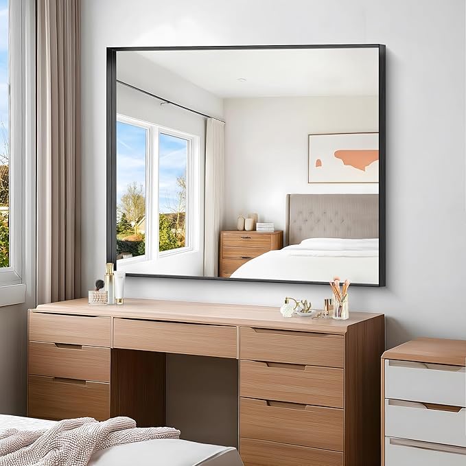 Black Bathroom Mirror, 40x48 Inch Rectangular Framed Mirror, Large Wall Mounted Bathroom Vanity Mirror Over Sink for Bedroom,Restroom, Living Room, Hangs Vertically or Horizontally-StrideForce Fitness