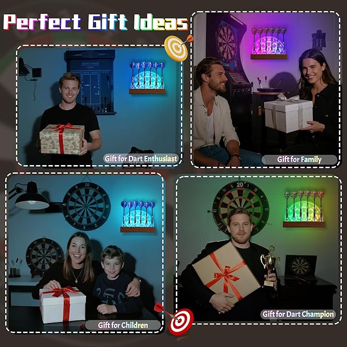 Light Up Dart Stand Wall Mount, Acrylic Wooden LED Dart Holder with Multiple Color Modes with Remote Control Holds 6 Darts, Xmas Birthday Gifts for Darts Enthusiasts-StrideForce Fitness