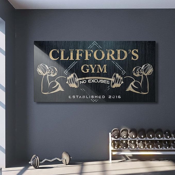 Tailored Canvases Personalized Gym Sign Wall Art Decor - Motivational Canvas for Home Gym, Workout Room, Garage, Fitness Center - Workout Inspirational Posters - Gym Name on Charcoal Background, 36x12in-StrideForce Fitness