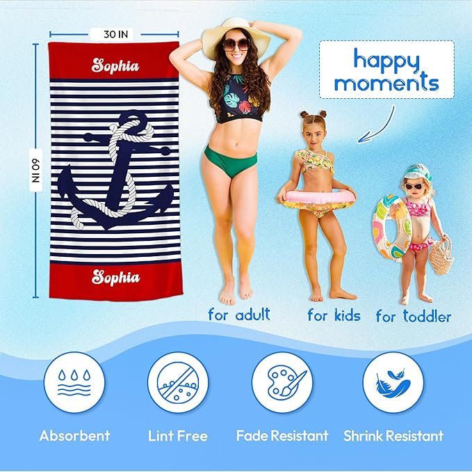 JML Personalized Beach Towel with Name, Custom Anchor Beach Towel, Customized Microfiber Pool Towel, Quick Dry & Absorbent Swim Towel for Adult,Anniversary, Birthday, Summer Holiday,Vacation-StrideForce Fitness