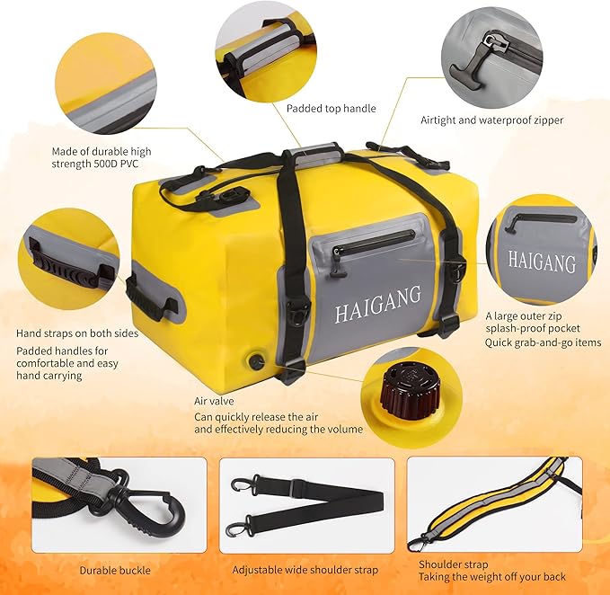 110L Waterproof Duffel Bag Heavy Duty Dry Bag Outdoors Large Storage Sack Zipper Marine Duffle Motorcycle Luggage,Strap Adjustable for Kayaking,Boating,Camping,Beach Rafting Fishing Yellow-StrideForce Fitness