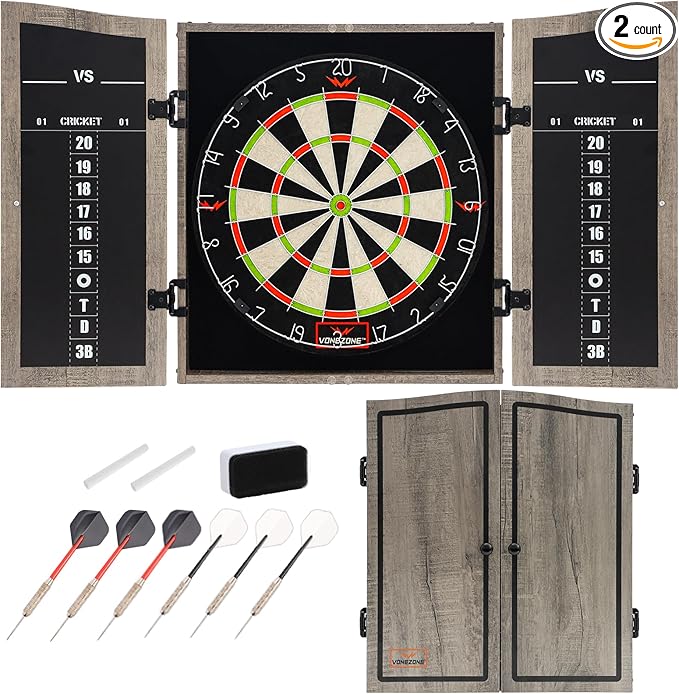 Dartboard Cabinet Set - Easy Assembly One Piece Sports Hemp Dartboard Scoreboard - Play Immediately - 6 Dart Chalk Set for Home Game Bar Accessories, Gray-StrideForce Fitness