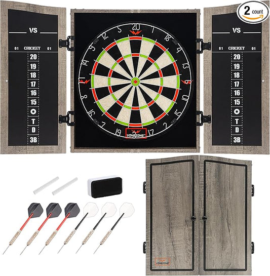 Dartboard Cabinet Set - Easy Assembly One Piece Sports Hemp Dartboard Scoreboard - Play Immediately - 6 Dart Chalk Set for Home Game Bar Accessories, Gray-StrideForce Fitness