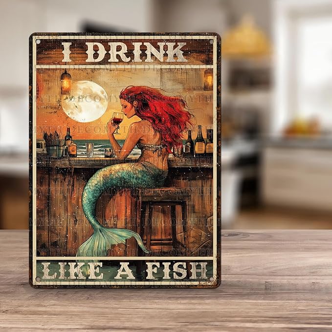 Vintage Mermaid Tin Sign I Drink Like A Fish Retro Wall Decor Decorations for Home Funny Wine Lover Nostalgic Metal Poster Indoor Store Cafe Toilet Kitchen Garden Bar Pubs Man cave 12 * 16inch-StrideForce Fitness