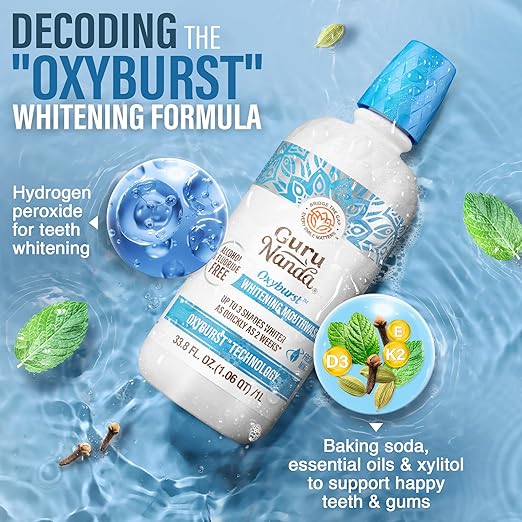 GuruNanda Oxyburst Teeth Whitening Mouthwash – Alcohol & Fluoride Free, with Hydrogen Peroxide & 7 Essential Oils, Value Pack for Regular Use, Wild Mint, 1 Liter/33.8 fl oz