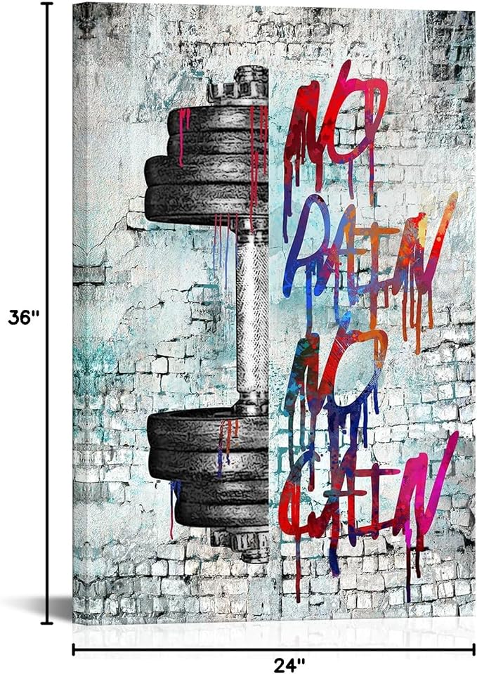 iHAPPYWALL Vintage Inspirational Fitness Quotes Wall Art No Pain No Gain Dumbbells Gym Sport Picture for Home Bodybuilding Room Bedroom Decor Ready to Hang 24x36inch (Grey)-StrideForce Fitness