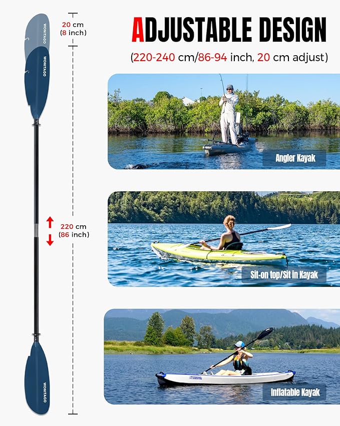 Angler Kayak Paddle with Fiberglass Shaft and Plastic Blade, Floating Adjustable Fihsing Kayak Oar, 220-240 cm/86-94", 240-260 cm/94-102", 260-280 cm/102-110"-StrideForce Fitness