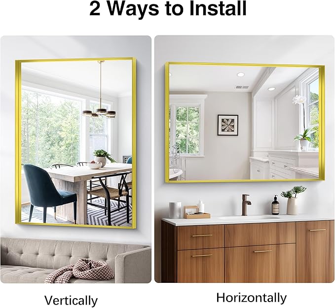 Gold Bathroom Mirror, 36x48 Inch Rectangular Framed Mirror, Large Wall Mounted Bathroom Vanity Mirror Over Sink for Bedroom,Restroom, Living Room, Hangs Vertically or Horizontally-StrideForce Fitness