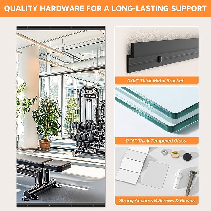 Hasipu 2 Pcs 83''x39'' Home Gym Mirror Large Full Length Wall Mounted Full Body Mirror for Yoga Dance Fitness Exercise Studio Bedroom Garage, Frameless Tempered Glass Workout Mirrors Black Rectangular-StrideForce Fitness