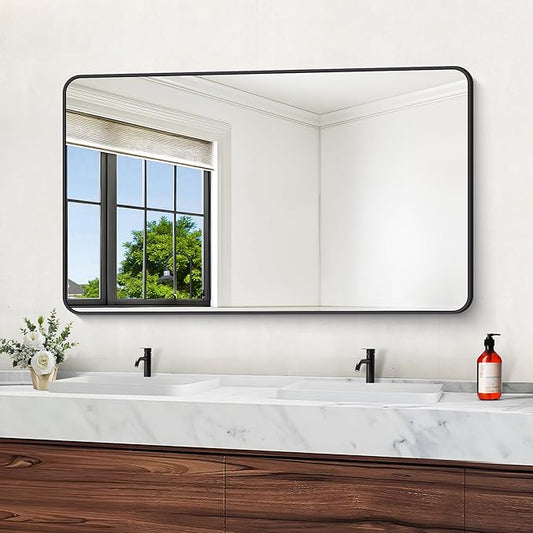60" x 36"Bathroom Mirror, Matte Black Wall Mirror with Metal Frame, Decorative Rectangular Vanity Mirror for Bedroom Bathroom Living Room Entryway (Horizontal/Vertical)-StrideForce Fitness