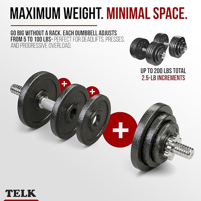 TELK – Adjustable Dumbbell Set – Home Gym Weight Set with Baked Enamel Cast Iron Plates – Space-Saving Free Weights for Strength Training-StrideForce Fitness