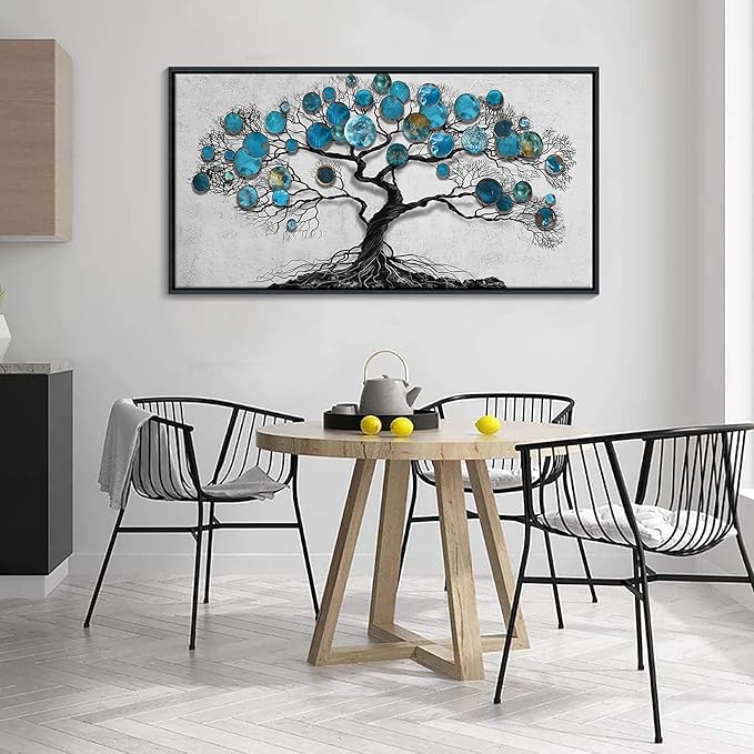CHATYOUNG Living Room Wall Art - Tenacious Tree of Life Teal Blue Leaves Theme Large Paintings Canvas Framed Wall Picture for Office Bedroom Kitchen Office Home Decor 40"x20"-StrideForce Fitness