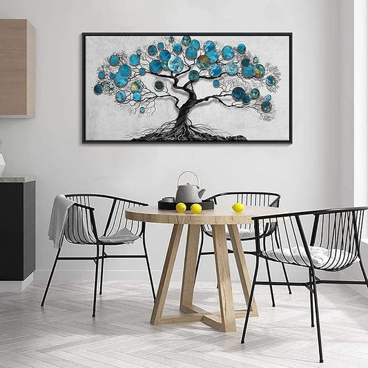 CHATYOUNG Living Room Wall Art - Tenacious Tree of Life Teal Blue Leaves Theme Large Paintings Canvas Framed Wall Picture for Office Bedroom Kitchen Office Home Decor 40"x20"-StrideForce Fitness