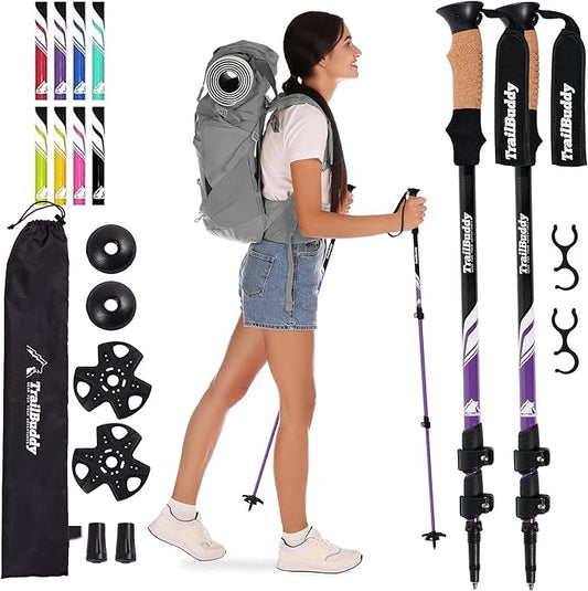 TrailBuddy Trekking Poles - Lightweight, Collapsible Hiking Poles for Snowshoe & Backpacking Gear - Pair of 2 Walking Sticks for Hiking, 7075 Aluminum with Cork Grip-StrideForce Fitness