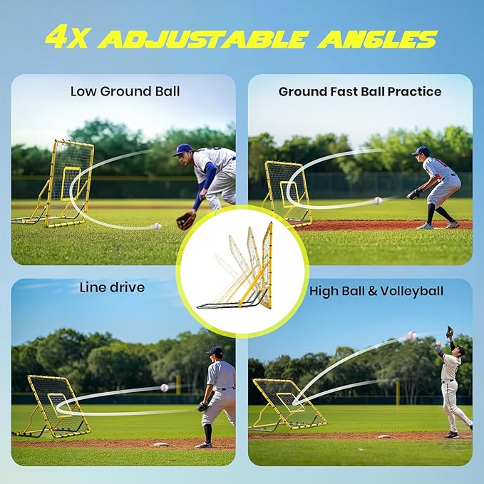Baseball Rebounder Net,4x4.5FT Multi-Sport Pitch Back Rebounder Steel Frame with 4 Adjustable Angles, 40pcs Bungees Soccer, Volleyball&Lacrosse Trainer for Solo Fielding,Pitching and Reflex Training-StrideForce Fitness