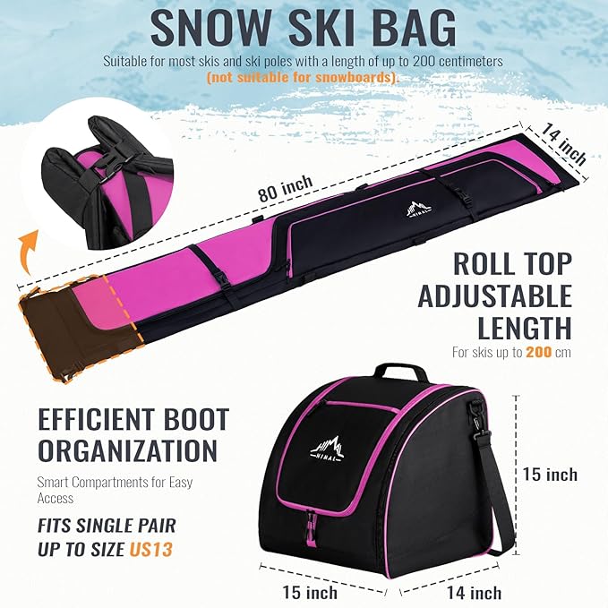 Ski Bag and Boot Bag Combo, Padded Skis Bag for Air Travel, Safety Reinforce Ski Carrier Bag Fits for Skis Up to 200 CM and Boots Up To Size US13, Water- resistant Ski Travel Bag-StrideForce Fitness