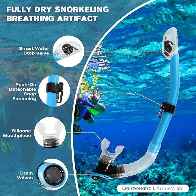 Diving Dry Snorkel, Easy Breath Diving Snorkel for Snorkeling, Scuba Diving, Freediving, Swimming Training, Design with Food-Grade Silicone Mouthpiece/Top Dry Valve for Adult Youth-StrideForce Fitness