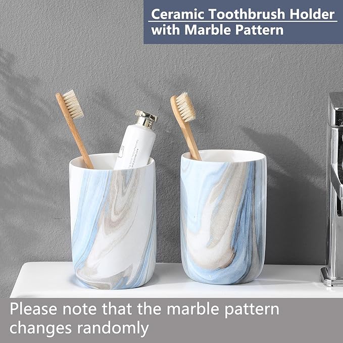 Blue Marble Toothbrush Holders - 2 Ceramic Toothbrush Holders for Bathrooms Toothbrush Toothpaste Holders Set, Bathroom Tumbler Cups Reusable Toothbrush Mouthwash Cup, Bathroom Counter Organizer.