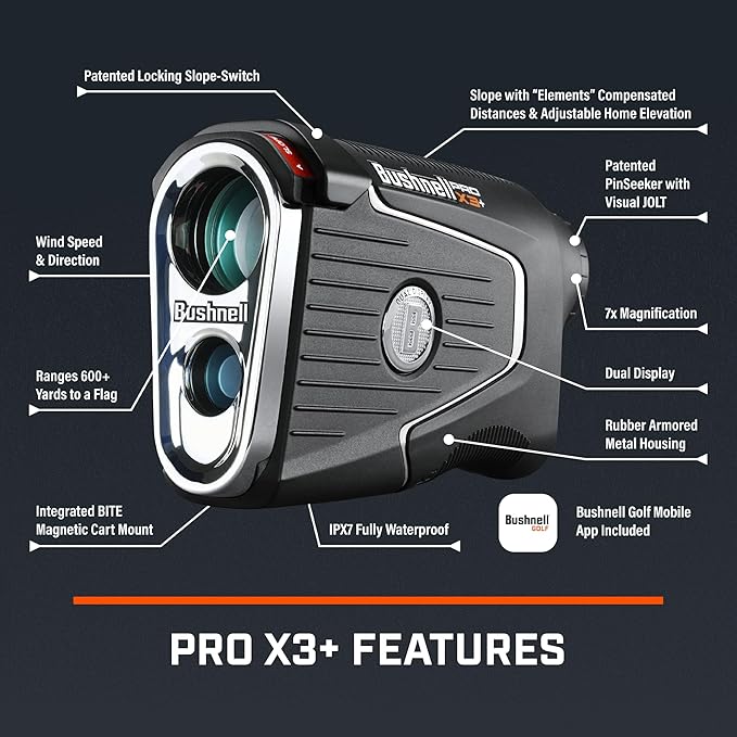 Bushnell Pro X3+ Golf Rangefinder with Wind Speed and Direction,1300 Yard Range,7X Magnification, Pin Locking with Visual Jolt-StrideForce Fitness