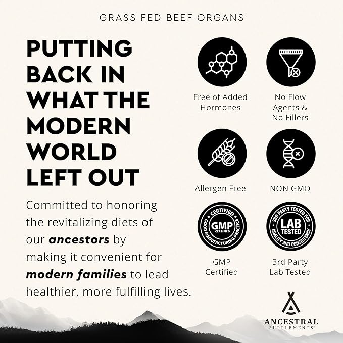 Ancestral Supplements Grass Fed Beef Organ Supplement, Supports Whole Body Wellness with Proprietary Blend of Liver, Heart, Kidney, Pancreas, Spleen, Freeze-Dried Beef, Non-GMO, 180 Capsules-StrideForce Fitness