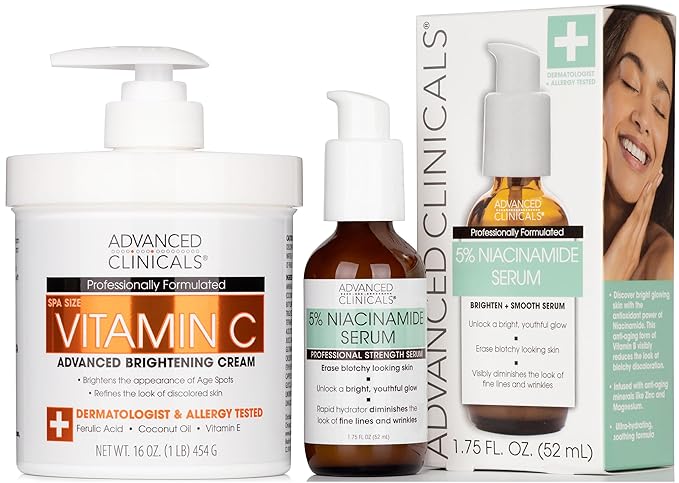 Advanced Clinicals Brightening Vitamin C Cream + 5% Niacinamide Serum W/Hyaluronic Acid 2pc Set | Vitamin C Body Lotion Moisturizer & Dark Spot Remover Face Serum | Skin Care Products, 2pc Bundle-StrideForce Fitness