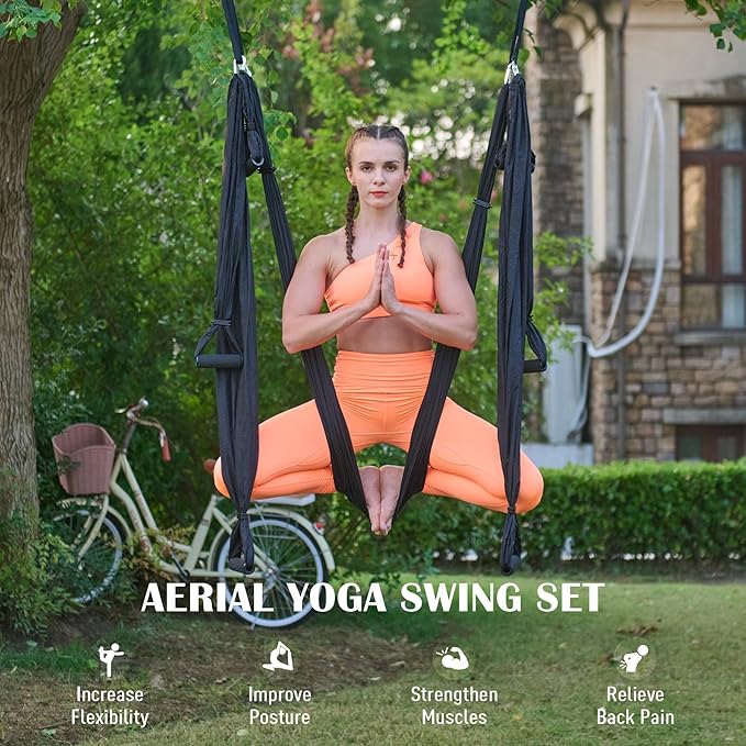ZELUS Aerial Yoga Swing Sling Strong Yoga Hammock Kit Set Trapeze Inversion Equipment Include 2 Extensions Straps and Ceiling Mounting Kit-StrideForce Fitness