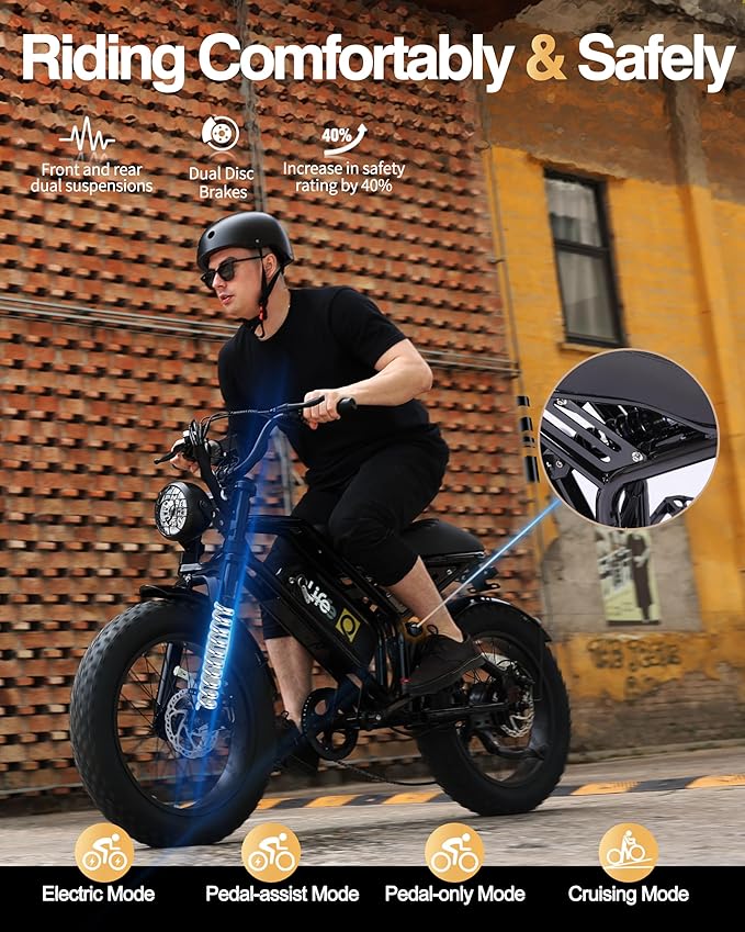 Qlife Electric Bike for Adults-1500W Peak Motor 20" Fat Tires 28MPH(Unlock to 35MPH) EBike Moped, 624-1248Wh Removable Battery Bicycle, with Dual Suspension & Brakes Motorcycle, 7-Speed,Spark-StrideForce Fitness