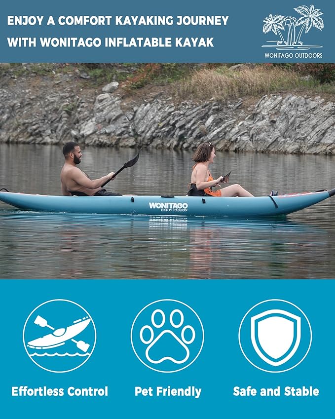 PVC Inflatable Kayak with Drop Stitch Floor, Recreational Touring Kayak with Kayak Paddle, Hand Pump and Carrying Bag, 1-2 Person-StrideForce Fitness