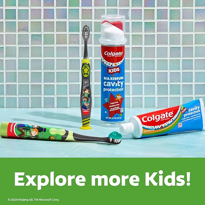 Colgate Kids Battery Powered Minecraft Toothbrush, Extra Soft Kids Battery Toothbrush with 1 AA Battery Included, Made for Ages 3 and Up, Features Easy On and Off Switch, Flat Lay Handle, 1 Count