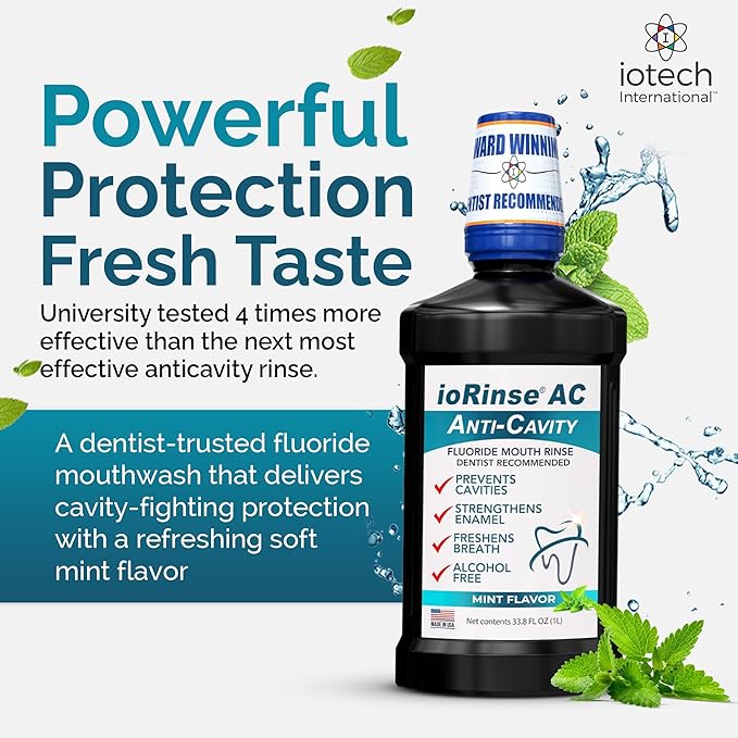 ioRinse AC Anticavity Fluoride Mouthwash - Alcohol-Free Molecular Iodine Mouth Wash Fights Tooth Decay & Protects Enamel - Safe Mint Rinse for Sensitive Mouths - Potent Bad Breath Protection
