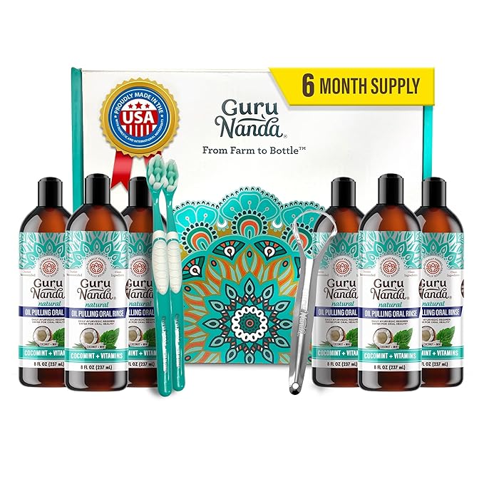 GuruNanda CocoMint Oil Pulling Mouthwash for Complete Oral Hygiene, 7 Essential Oils & Vitamins for Happy Teeth & Gums & Fresh Breath, with 2 Toothbrushes & Tongue Scraper, Alcohol-Free, 6X8 oz