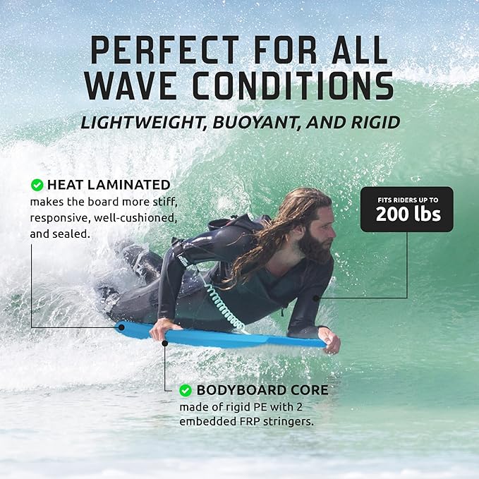 THURSO SURF 42'' Body Boards for Beach Pool Lightweight PE Core IXPE Deck HDPE Bottom FRP Stringers High Performance Body Board with Double Swivel Surf Leash and Bodyboard Bag Lightning-StrideForce Fitness
