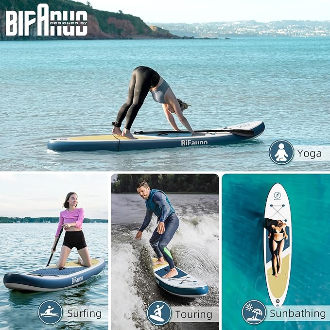 Inflatable Stand Up Paddle Board with SUP Accessories & Backpack. Paddle Boards for Adults. Non-Slip Deck, Wide Stance, Bottom Fin, Double Action Pump.-StrideForce Fitness