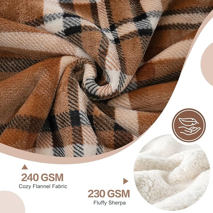 PU MEI Sherpa Fleece Throw Blanket 80" x 90" Reversible Plush Fluffy Large Big Blanket Lattice Flannel Blankets for All Season Use, Mocha Brown-StrideForce Fitness