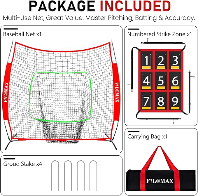 7x7 ft Baseball & Softball Practice Net with 9 Numbered Strike Zone | PRO Training Net for Hitting, Pitching & Batting | with Carry Bag, Bow Frame for All Ages & Skills-StrideForce Fitness