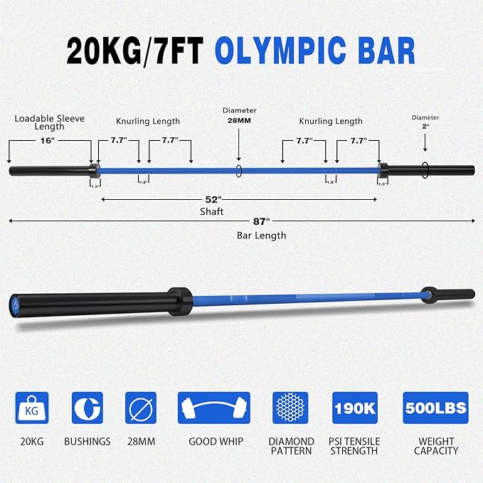 7ft Olympic Barbell for Strength Training and Olympic Weightlifting, 500 700 1000LBS Capacity Available, 2 Inch Bar for Squats, Home Gym Fitness Equipment, Bench Press, Deadlift,Powerlifting-StrideForce Fitness