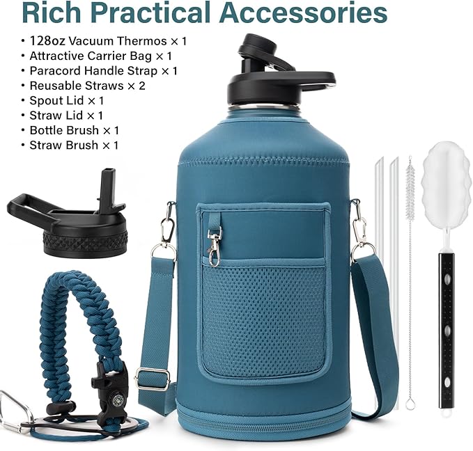 1 Gallon Water Bottle Insulated | Thickened Stainless Steel Vacuum Metal Water Jug | Portable Sports Large for Gym and Hiking with Straw, Carrier Bag, Handle Strap | BPA-Free 128 oz-StrideForce Fitness