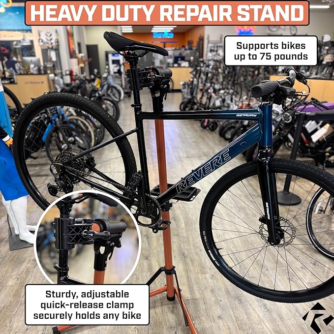 Revere Bike Repair Stand & Storage Bag, Telescoping Arm, Rotating Clamp, Magnetic Tool Tray, and Adjustable Handlebar Rod - Heavy Duty, Sturdy, Adjustable (Orange)-StrideForce Fitness