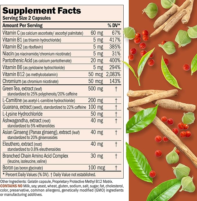 ANDREW LESSMAN Energy and Fat Metabolism Factors - 30 Capsules - Promotes Optimum Fat and Energy Metabolism, with Carnitine, Green Tea, Guarana, Ginseng, B-Complex. Easy to Swallow Capsules-StrideForce Fitness