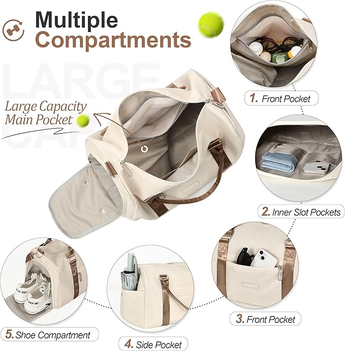 FIORETTO Womens Gym Tote Duffle Bag with Wet Pocket & Shoe Compartment, Sports Duffel Overnight Weekender Hospital Workout Carry on Bag for Girls, Ideal for Travel, Swimming, Dance, Ballet Beige-StrideForce Fitness