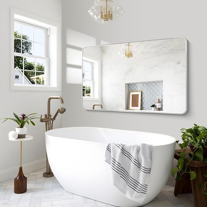 Silver Bathroom Mirror,55x36 inch Wall Mirror for Bathroom Wall Mounted,Rectangle Mirror for Bathroom Over Sink,Modern Frame Round Corner for Living Room,Bedroom Entryway,Horizontal/Vertical-StrideForce Fitness