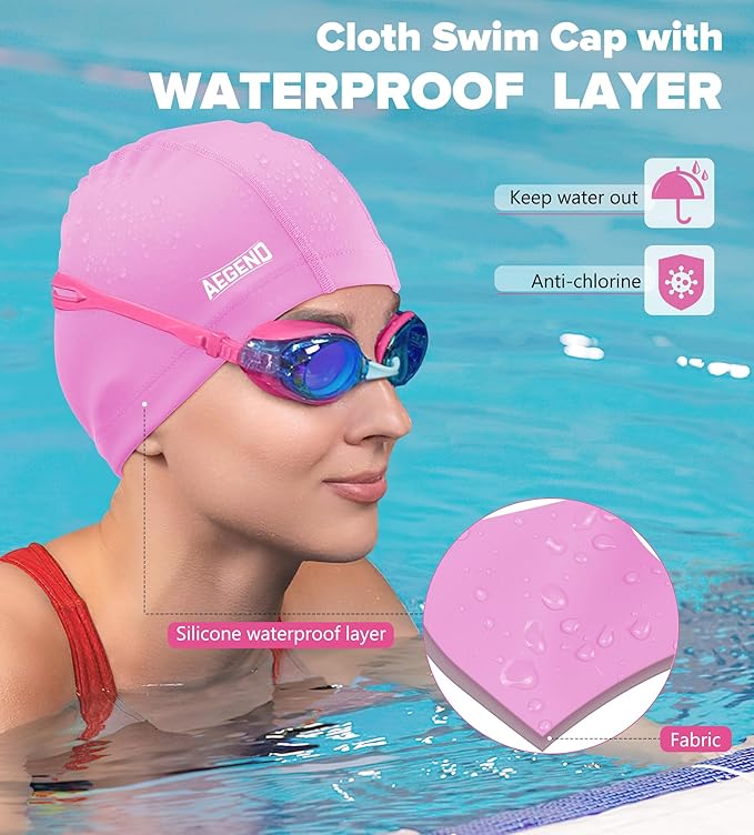 Aegend Fabric Swim Cap, Silicone Waterproof Layer - Breathable Cloth Swimming Cap, Keep Hair Dry with Hight Elasticity for Youth(8-16) Adult, 2 Sizes to Choose-StrideForce Fitness