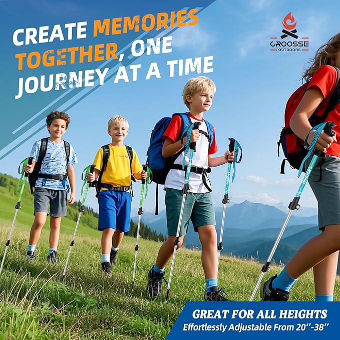 Lightweight Collapsible Kids Hiking Poles - Retractable Kids Hiking Stick, Telescoping Aluminum Trekking Poles 2 Pack, Adjustable Kids Ski Poles by Croosse-StrideForce Fitness