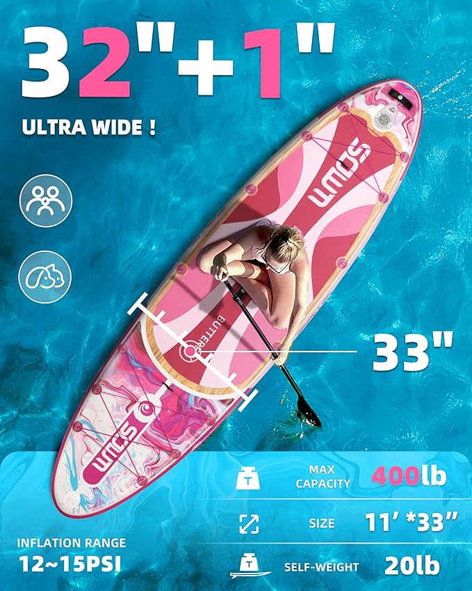Inflatable Paddle Boards 11'x33'', Stand Up SUP Paddle Board Inflatable for Adults Youth, Extre Wide & Non-Slip Sup of All Skill Levels-StrideForce Fitness