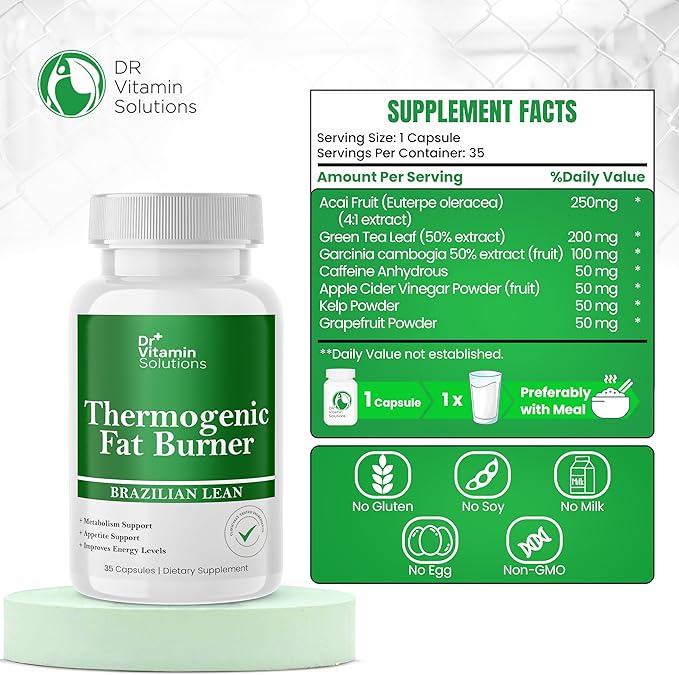 DR VITAMIN SOLUTIONS Thermogenic Fat Burner – Natural Appetite Control & Metabolic Booster with Green Tea & Bloat Defense (35 Capsules)-StrideForce Fitness
