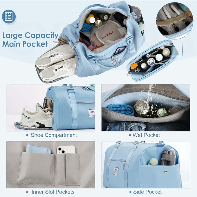 FIORETTO Womens Gym Tote Duffle Bag with Toiletry Bag, Sports Duffel Overnight Hospital Workout Carry on Bag for Girls with Wet Pocket & Shoe Compartment, Ideal for Travel, Swimming, Dance Light Blue-StrideForce Fitness