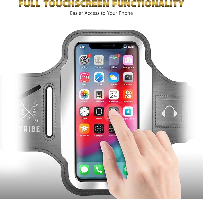 TRIBE Running Phone Holder Armband. iPhone & Galaxy Cell Phone Sports Arm Bands for Women, Men, Runners, Jogging, Walking, Exercise & Gym Workout. Fits All Smartphones. Adjustable Strap, CC/Key Pocket-StrideForce Fitness