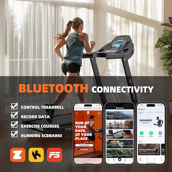 Treadmill with Incline, 300 LBS Capacity, 8 MPH or 10 MPH Speed, Bluetooth, App, Pause Function, Folding Treadmills for Home with 64 Programs, 17'' or 18'' Wide Belt, Heart Rate, BMI Detector-StrideForce Fitness