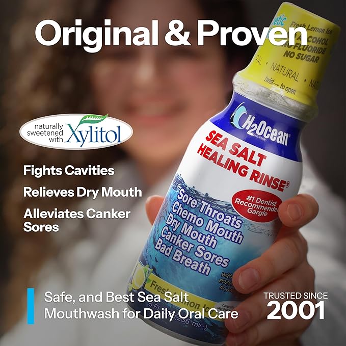 H2Ocean Healing Rinse Natural Sea Salt Oral Care - Mouth Rinse for Oral Care - Great for Piercings, Sore Throats & Gum Health - Alcohol- & Fluoride-Free Mouthwash - Lemon Ice, 16 oz